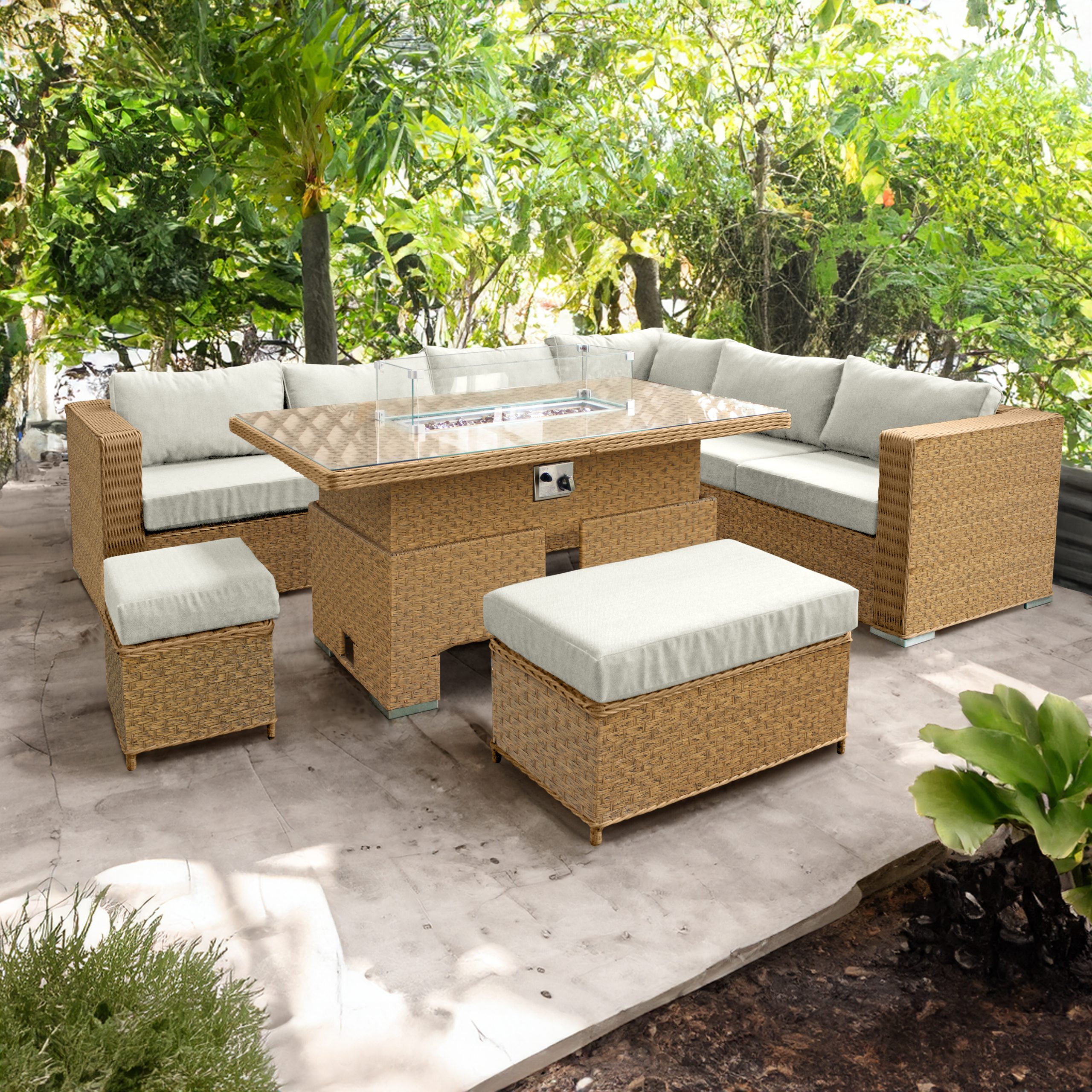 Buxton rattan 9 seat rising firepit corner set in mixed brown with taupe cushions