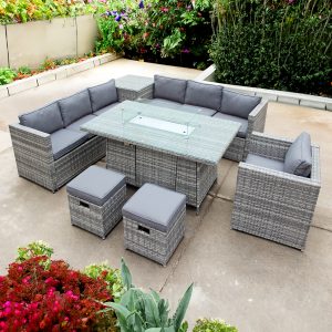 Malta rattan 9 seat firepit u-shape sofa set in mixed grey with grey cushions