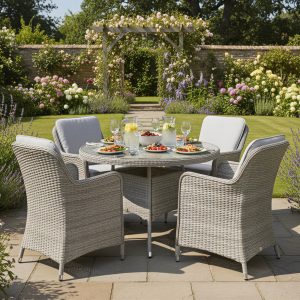 Hampton Rattan 4 Seat Dining Set in Dove Grey with Light Grey Cushions
