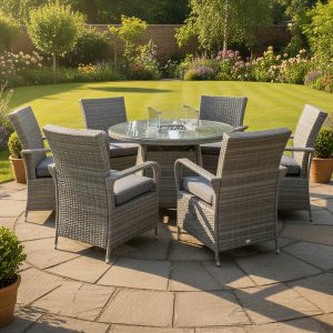 Windsor XL Rattan 6 Seat Firepit Dining Set in Mixed Grey