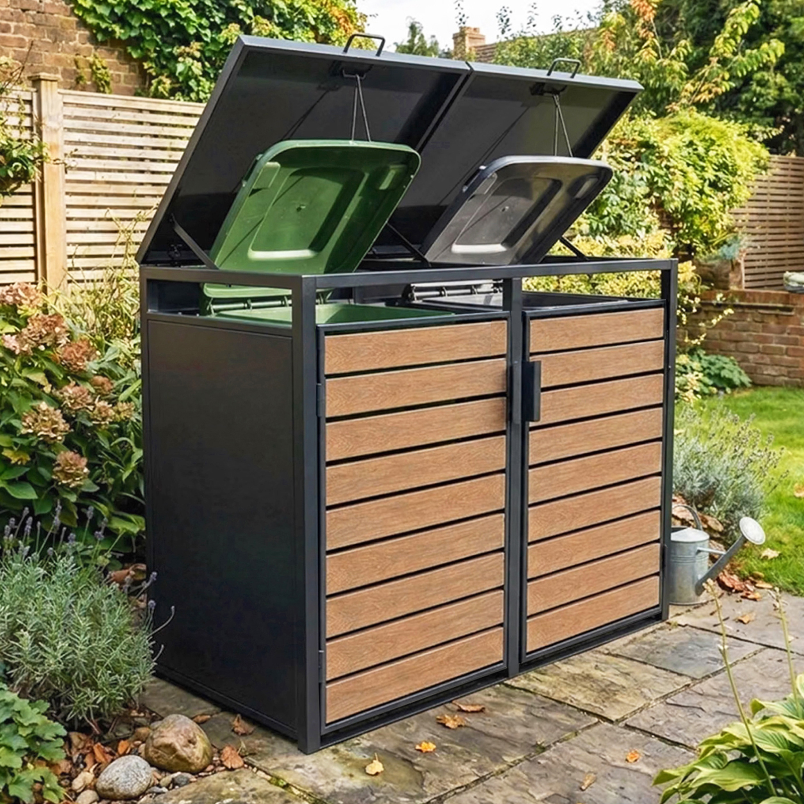 Heavy Duty Double Wheelie Bin Storage with Wood-Effect Doors