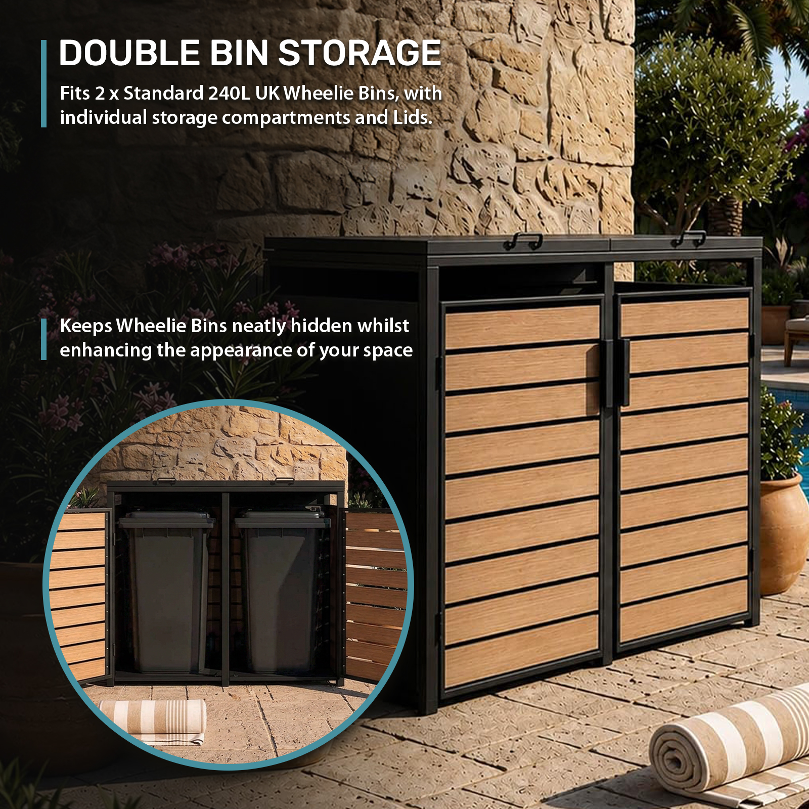 Heavy Duty Double Wheelie Bin Storage with Wood-Effect Doors