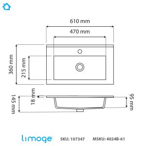4024B Ceramic 61cm Thin-Edge Inset Basin with Rectangular Bowl