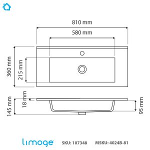 4024B Ceramic 81cm Thin-Edge Inset Basin with Rectangular Bowl