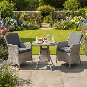 hampton rattan 2 seat bistro set in dove grey with dark grey cushions