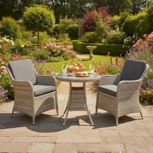 hampton rattan 2 seat bistro set in dove grey with dark grey cushions