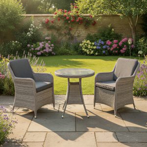 hampton rattan 2 seat bistro set in dove grey with dark grey cushions