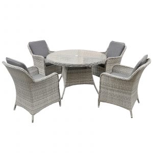 hampton rattan 4 seat dining set in dove grey with dark grey cushions