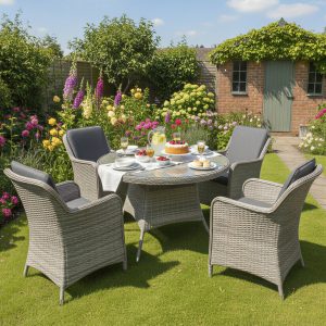 hampton rattan 4 seat dining set in dove grey with dark grey cushions