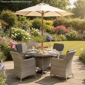 hampton rattan 4 seat dining set in dove grey with dark grey cushions