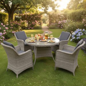hampton rattan 4 seat dining set in dove grey with dark grey cushions