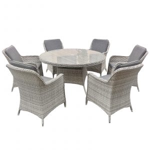 hampton rattan 6 seat dining set in dove grey with dark grey cushions
