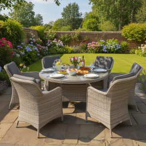 hampton rattan 6 seat dining set in dove grey with dark grey cushions
