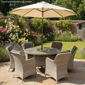 hampton rattan 6 seat dining set in dove grey with dark grey cushions