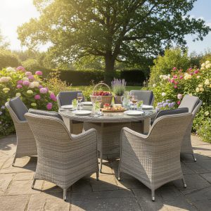 hampton rattan 6 seat dining set in dove grey with dark grey cushions