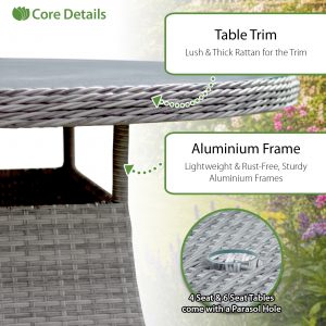 hampton rattan 6 seat dining set in dove grey with dark grey cushions